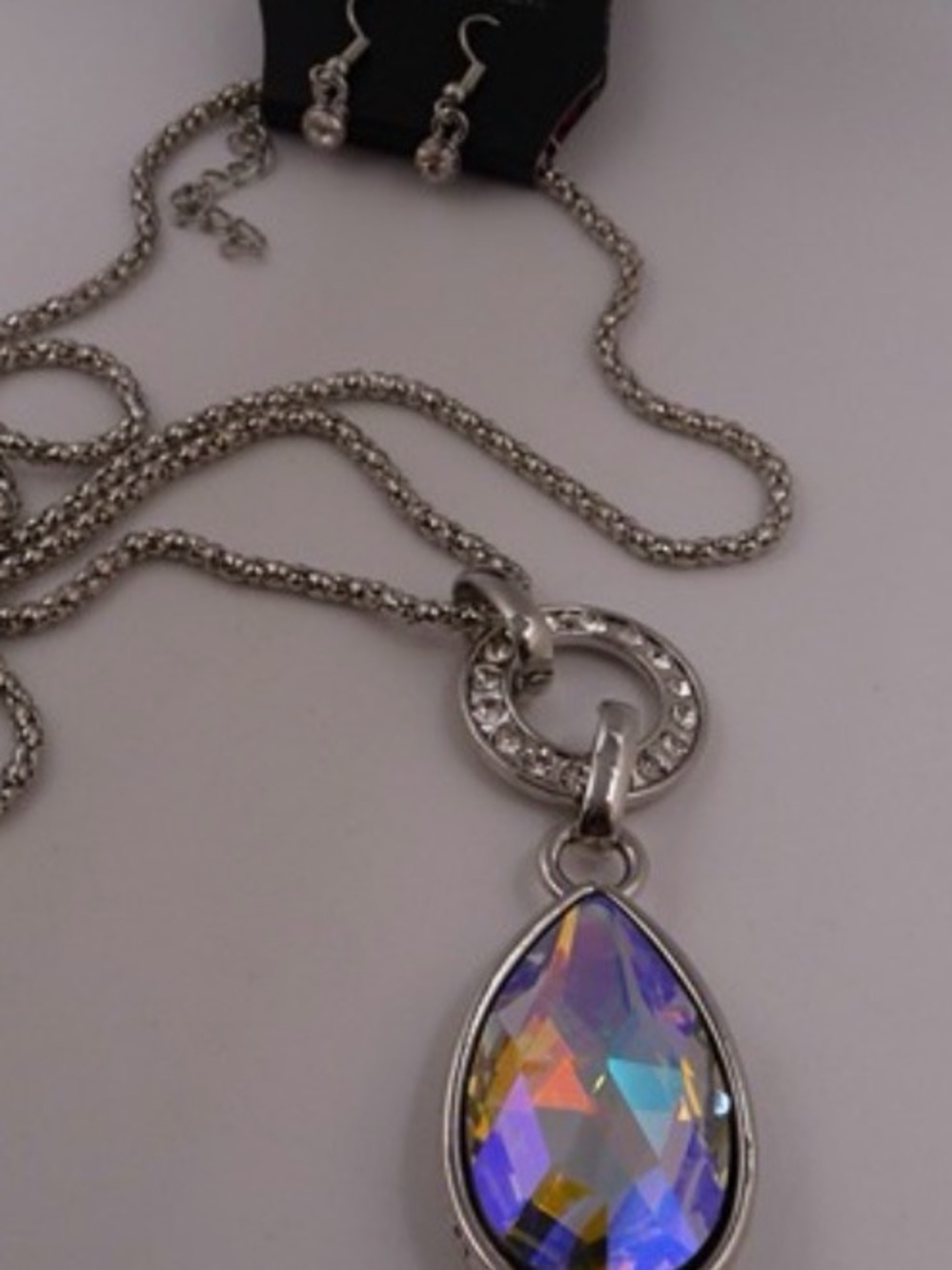 Silver-Tone Multicolor Teardrop Crystal Pendant Necklace